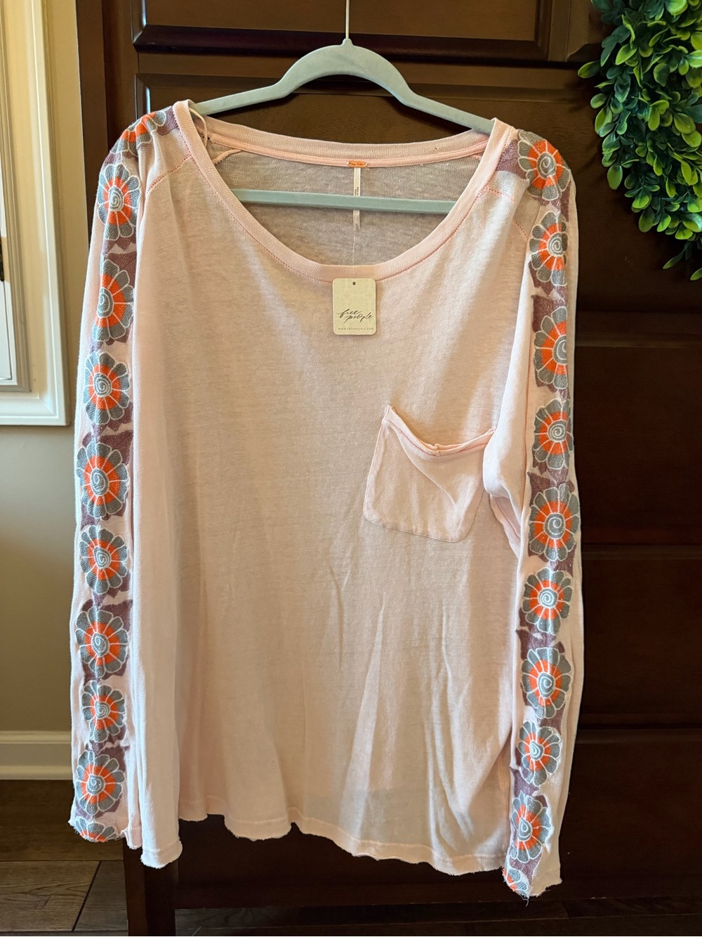 Free People Pale Pink Long Sleeve Tee with Floral Mesh Sleeves